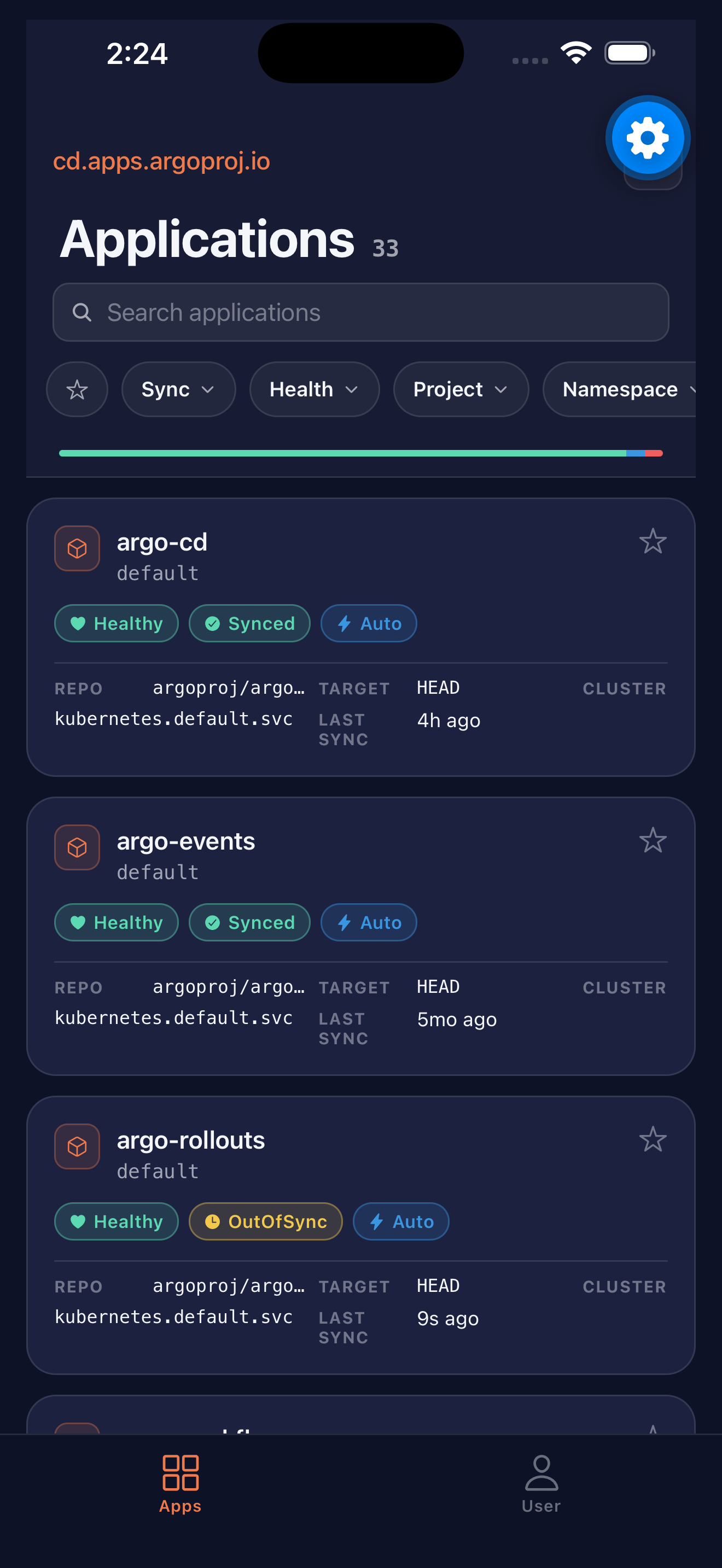 ArgoCD Mobile app showing list of applications with sync status